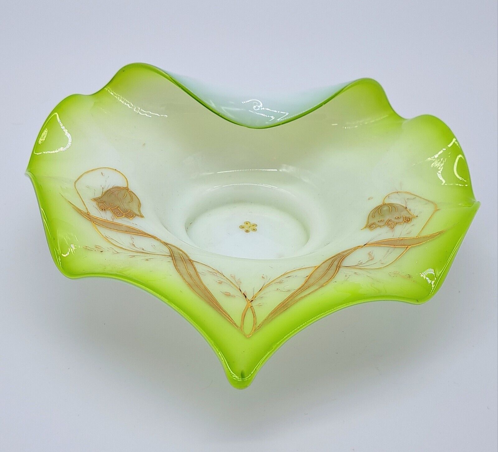 Antique 19th C Bohemain JIP Bridal Bowl Green Milk Glass Floral Enameled