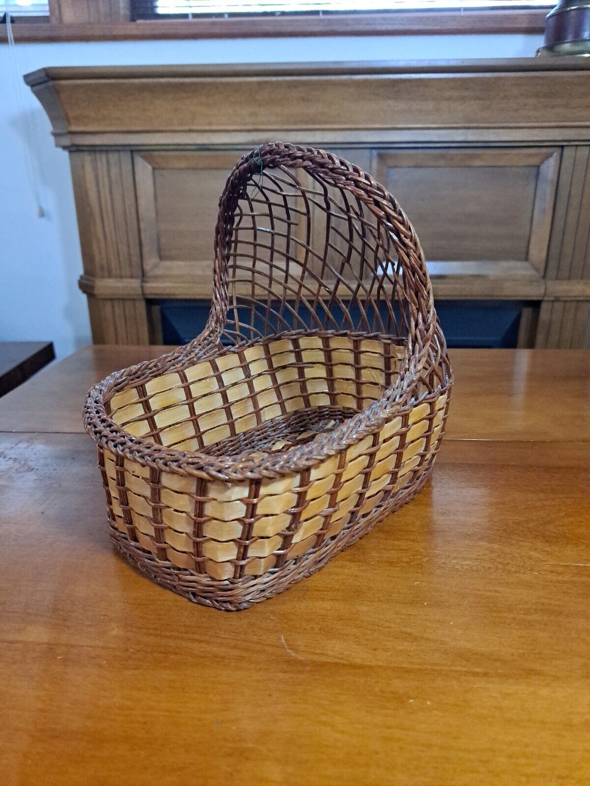 Vintage Woven Wicker Doll Bassinet Cradle Basket Planter