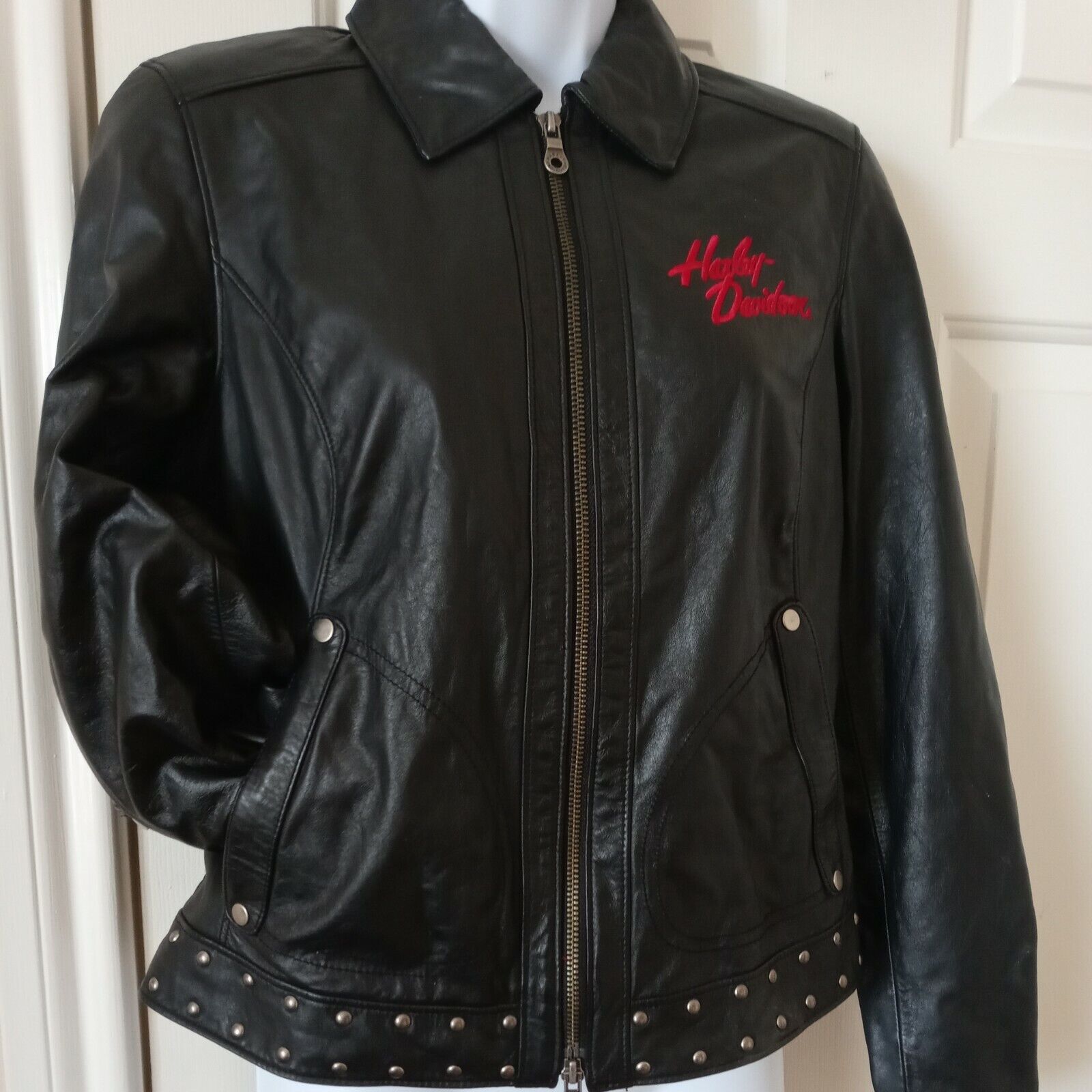 Woman\'s Black Leather Harley Davidson Motorcycle BLING  Riding Jacket  SMALL