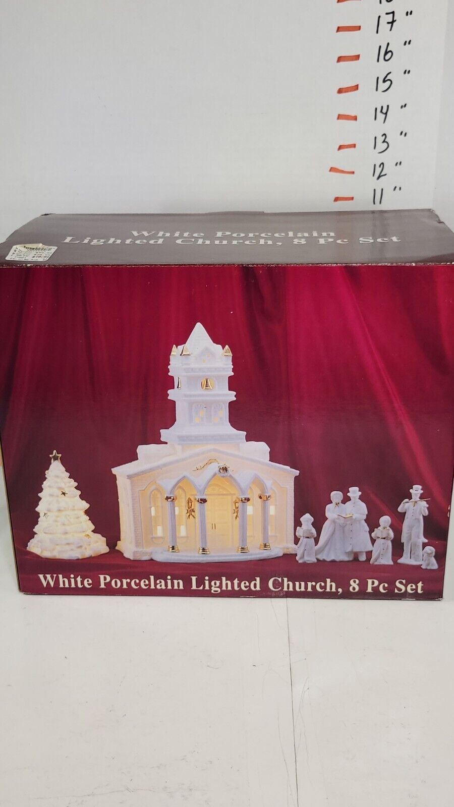 Galleria Inc White Porcelain Lighted Church Gold Accent  8 Pieces Christmas Set