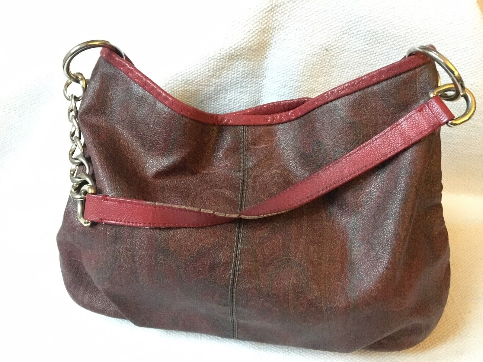 Etro Paisley Hobo Bag Shoulder Leather PVC Canvas Burgundy Red