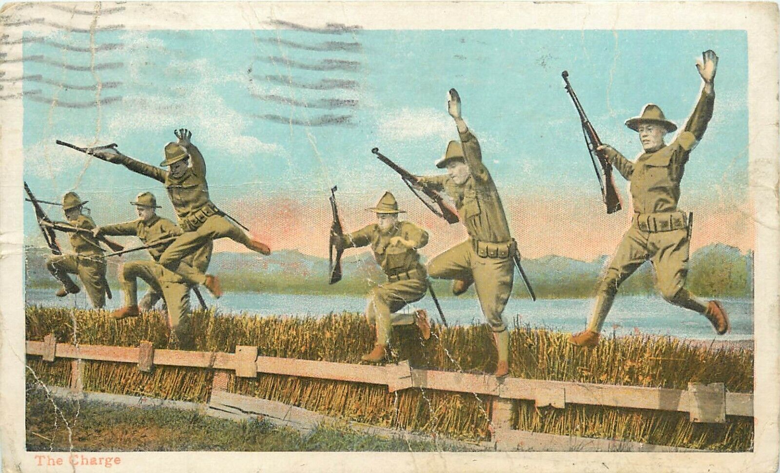 The Charge WWI World War I Soldiers Hurdle Jumping US Army pm 1917 Postcard