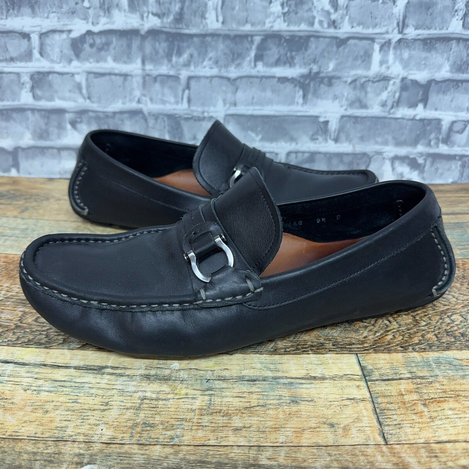 Salvatore Ferragamo Black Leather Driver Loafer Moccasins Mens Size 85