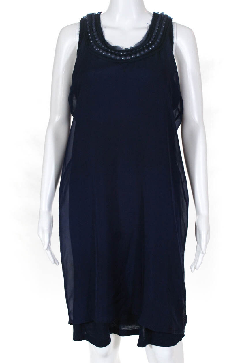 Lanvin Womens Silk Beaded Neckline Sleeveless Shift Dress Blue Size S