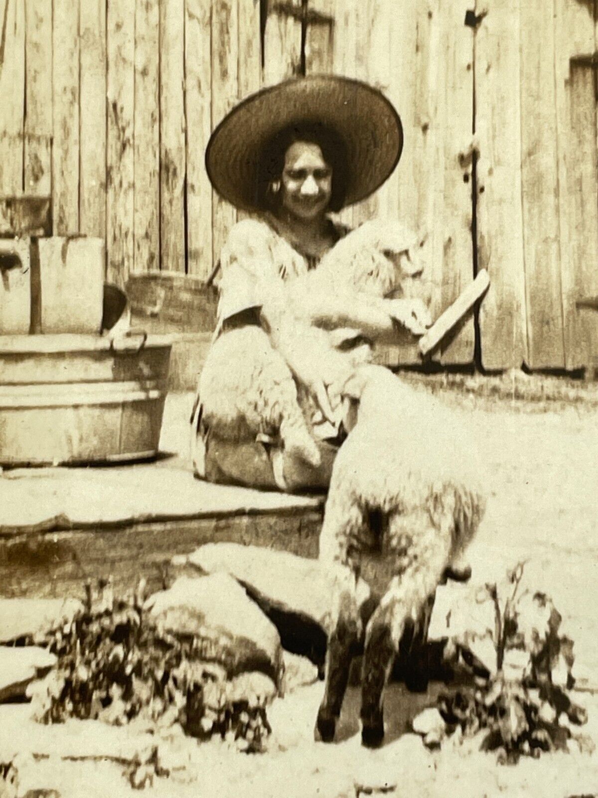 O8 Photograph Farm Country Portrait Sombrero Holding Lamb Sheep Barn 1920\'s