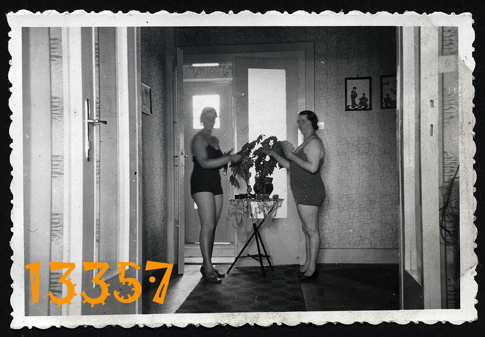 Vintage Photograph, sexy chubby women w flowers, swimsuit, legs, MISKOLC 1930’s 