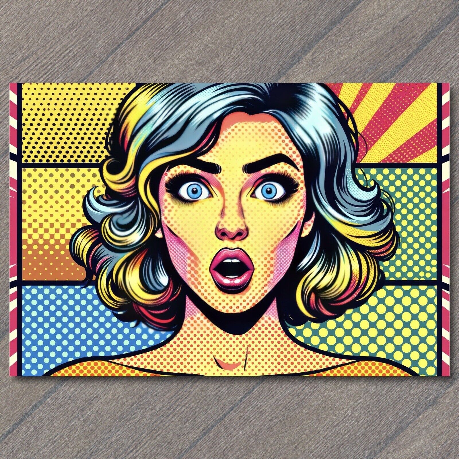 POSTCARD pop art style captures a woman\'s surprised expression half