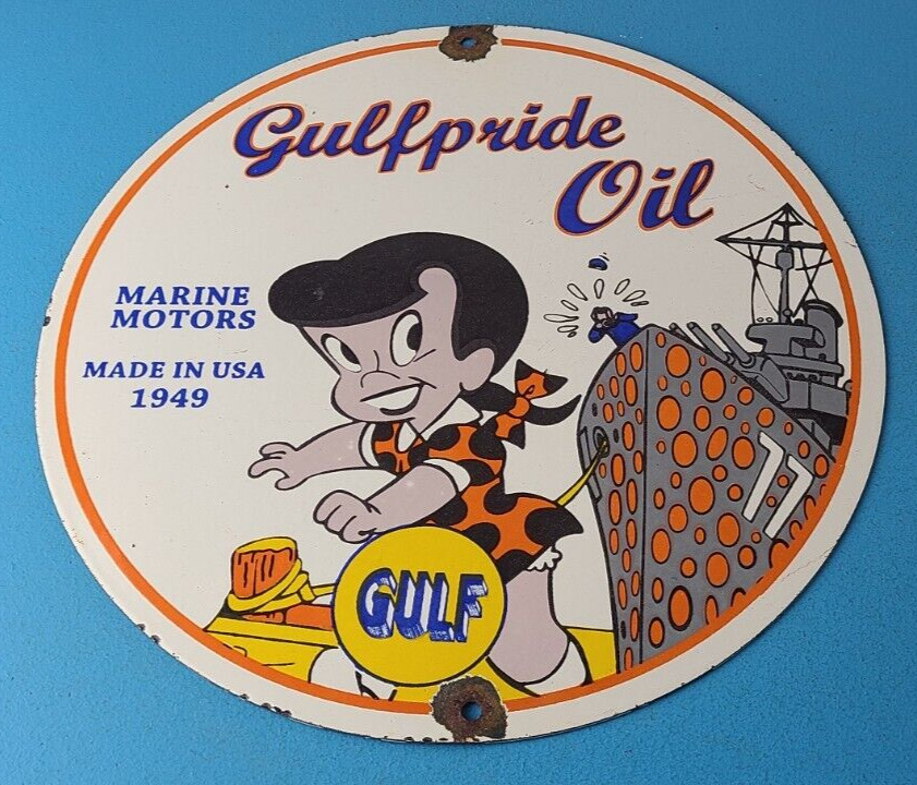 Vintage Gulf Gasoline Sign - Pride Oil Marine Gas Pump Station Porcelain Sign