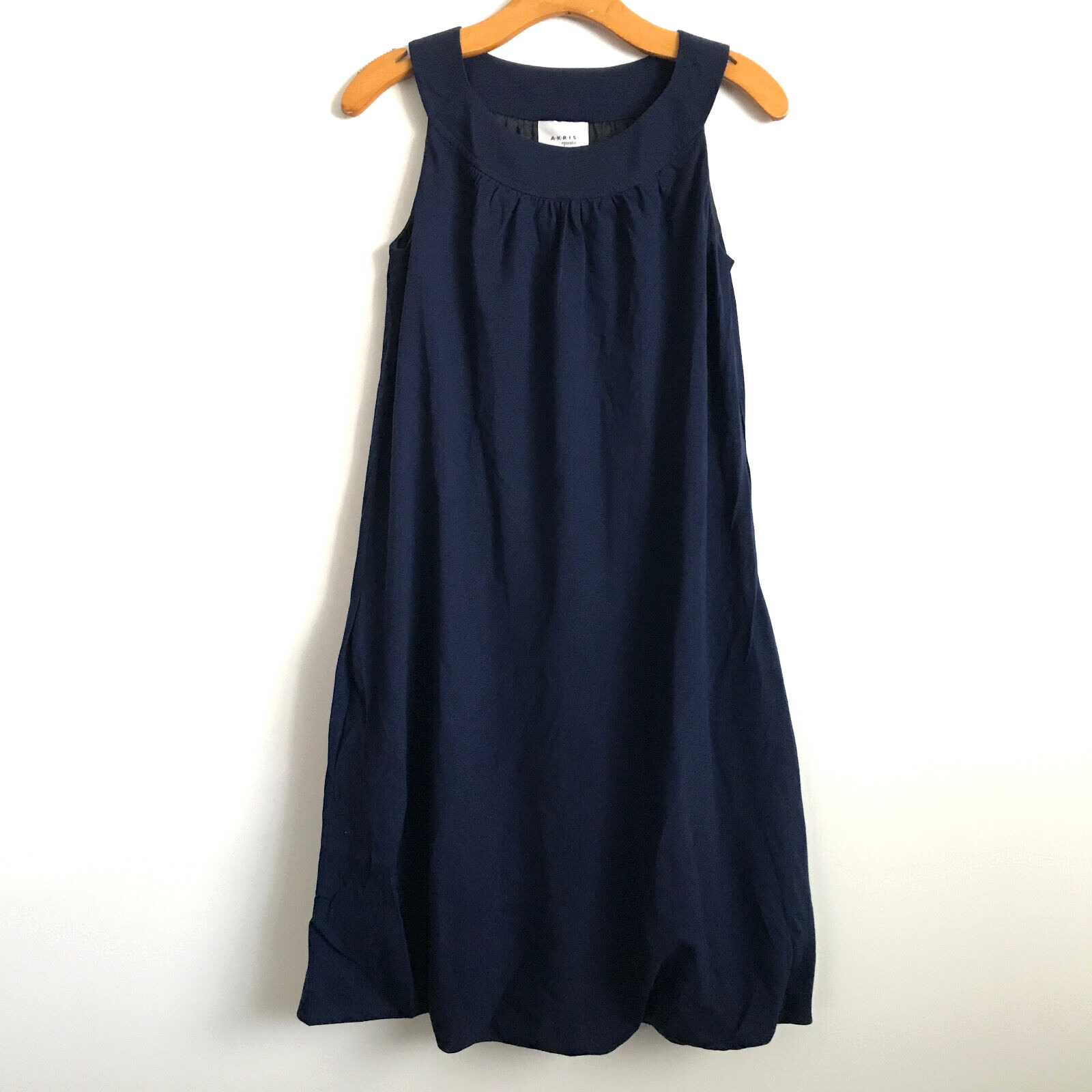 Akris Punto Wool Dress 4 Blue Fine Knit Sleeveless Pockets A Line Bubble Hem