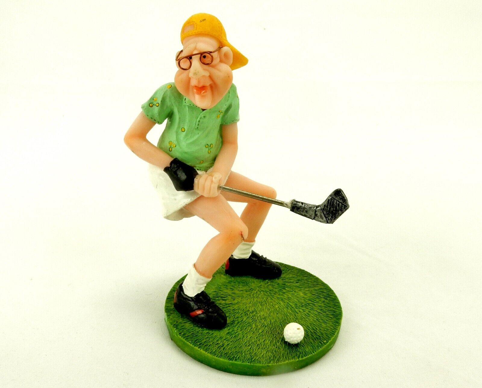 Golfer Figurine, Skinny Old Guy in White Shorts & Yellow Hat, Vintage Polyresin