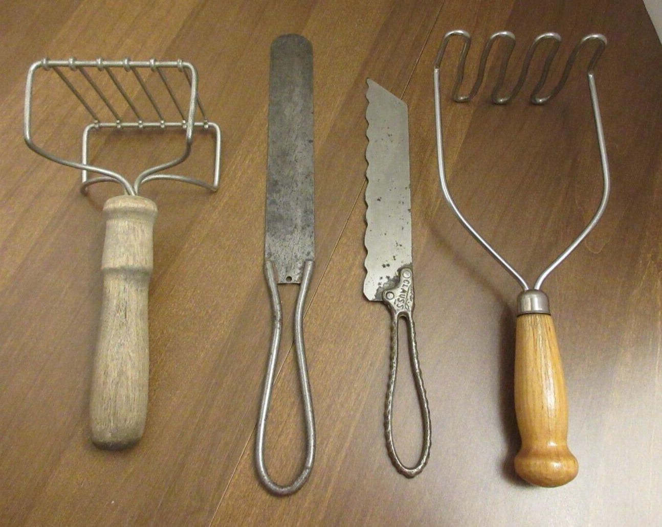 Antique Vintage Kitchen Utensils Tools Potato Masher Spreader Clauss Bread Knife