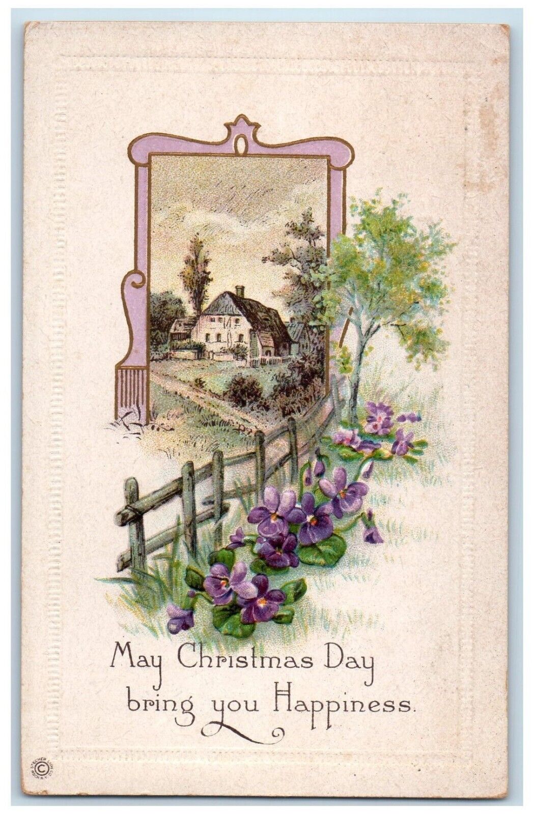 1916 Christmas Purple Flowers Fence House Embossed Cupertino CA Antique Postcard