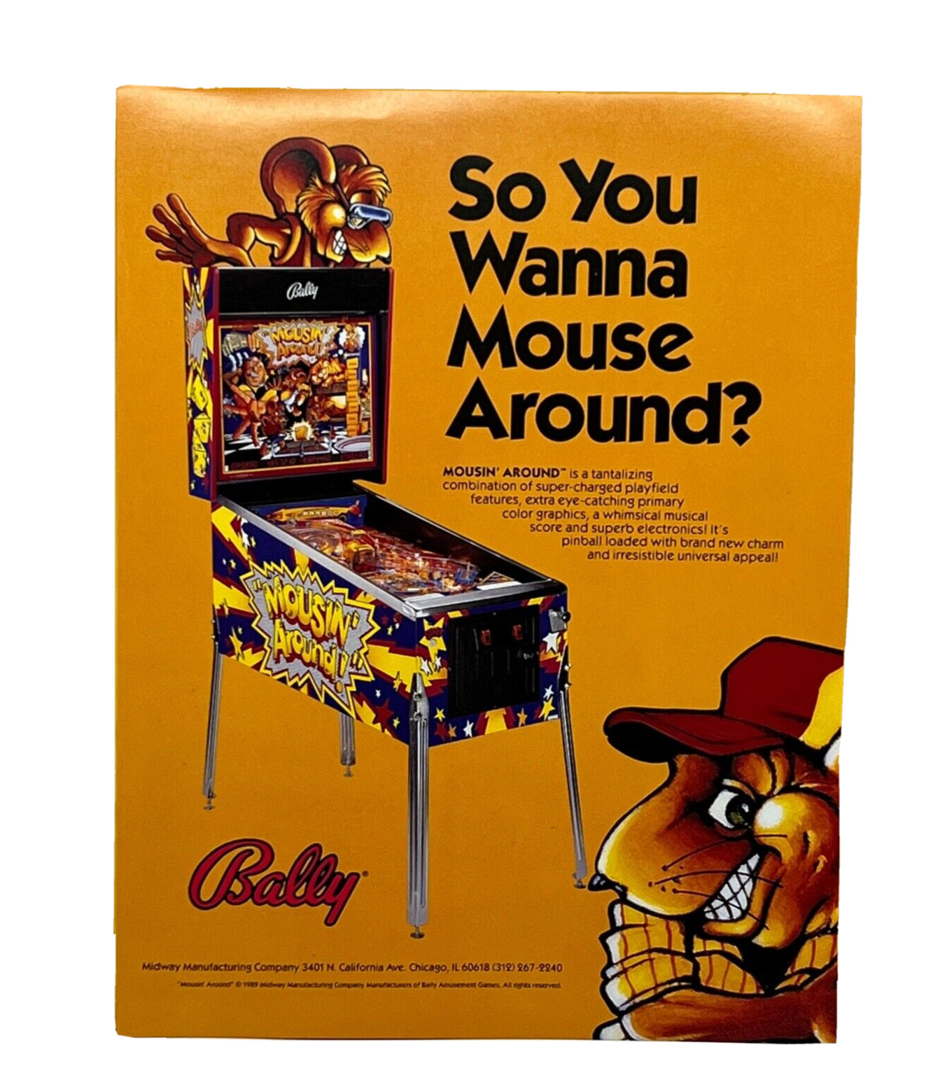 Bally Mousin Around Pinball Flyer Original 80s Promo Retro Gameroom Art Vintage