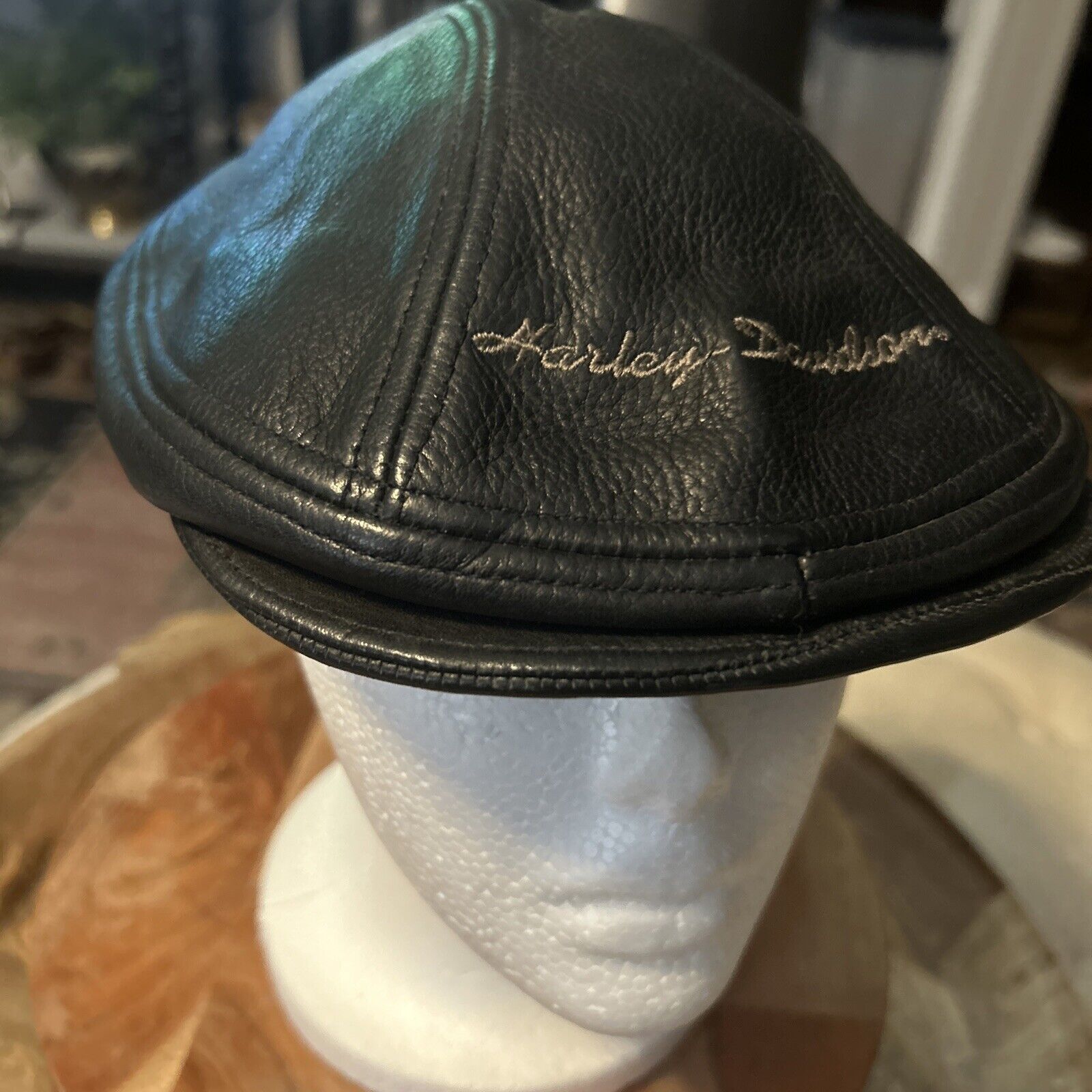 Harley Davidson Men’s Leather Cabbie Newsboy Hat Sz L/XL Black Embroidered Cap