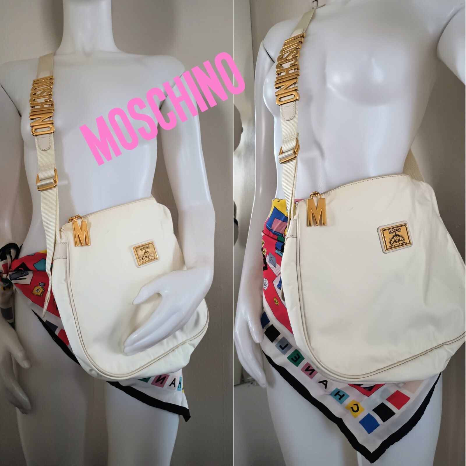 Vintage \'90s Redwall Moschino Logo White Crossbody Bag with Adjustable Strap