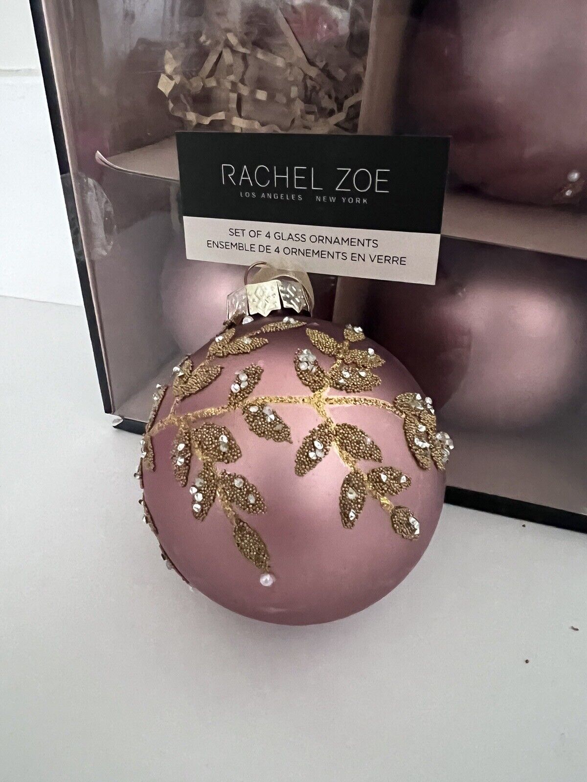 Christmas Rachel Zoe Set of 4 Lg Pink Glass Ornaments Embellished Jeweled 4\