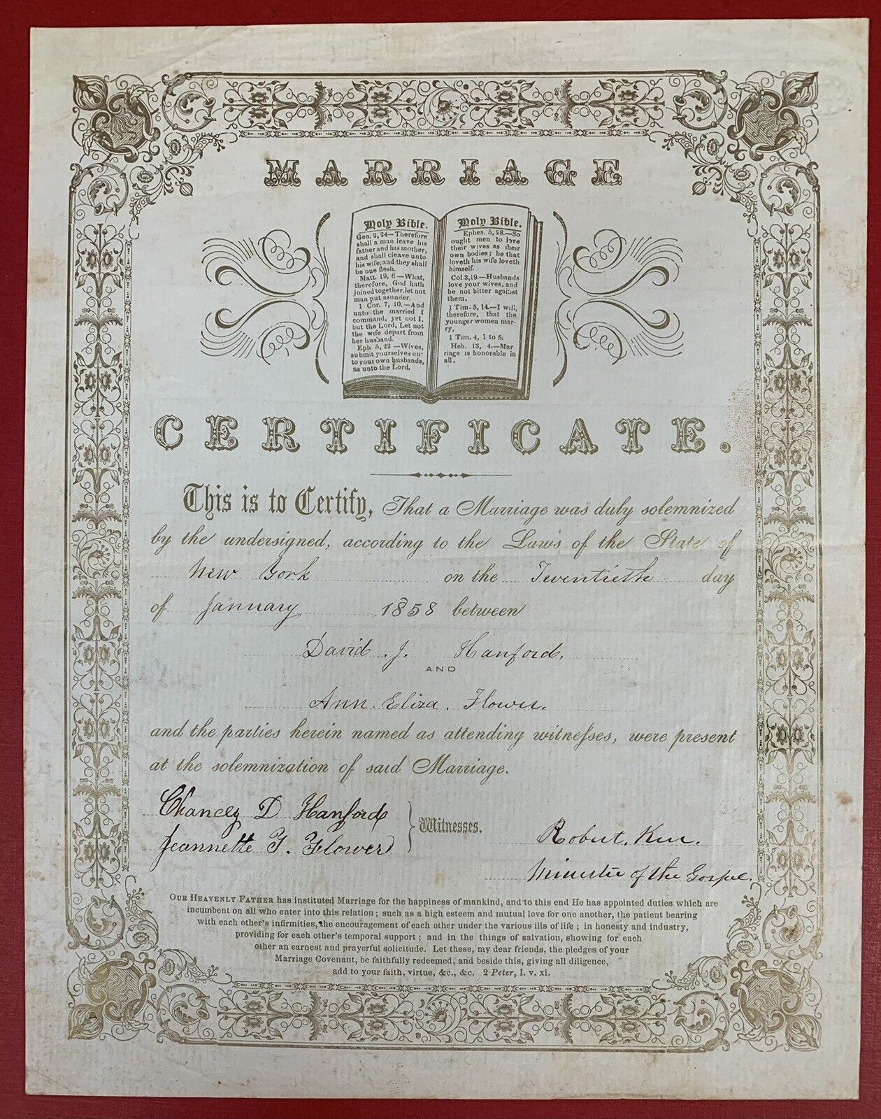 1858, New York State Christian Marriage Certificate