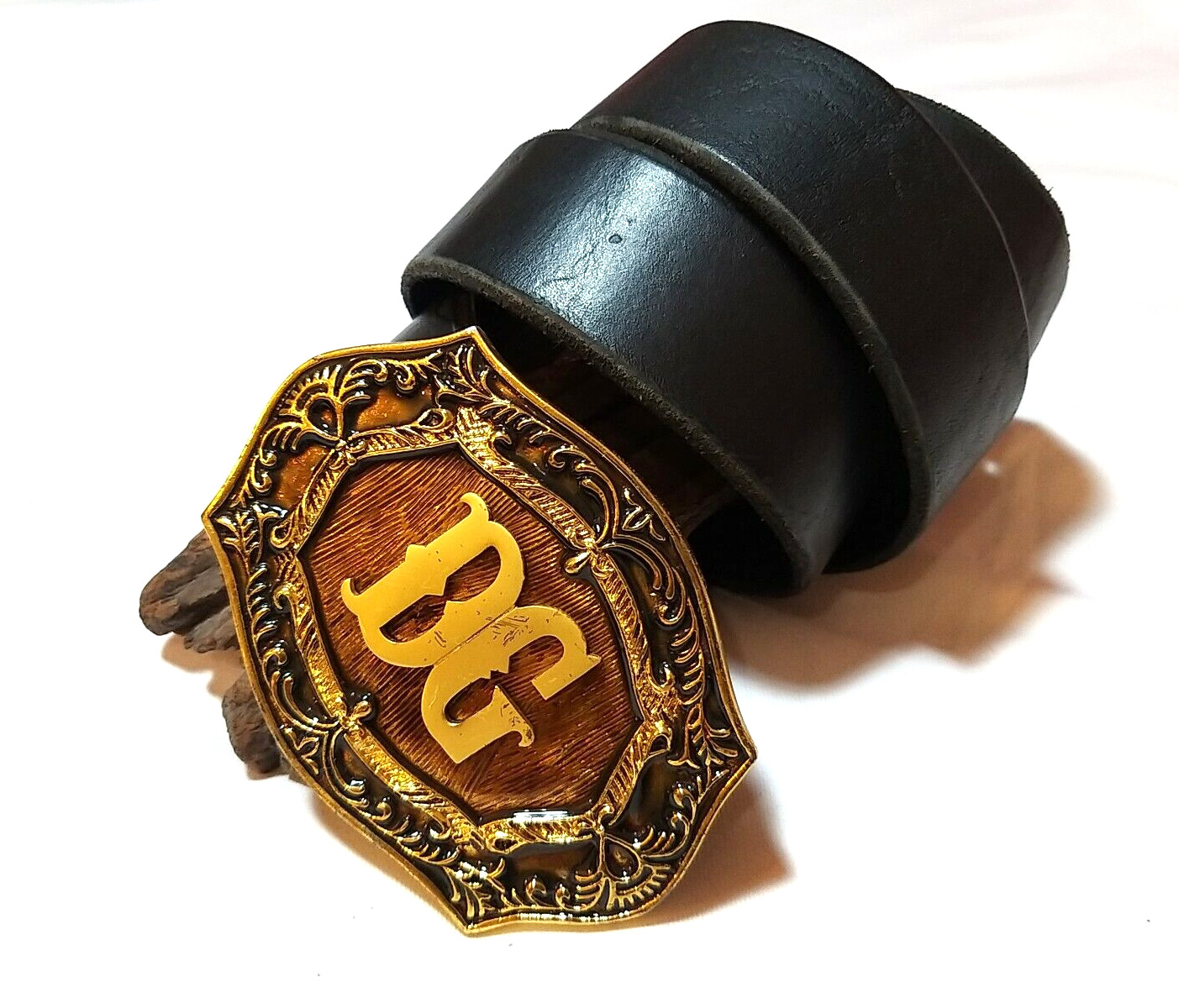 Authentic Dolce & Gabbanna Bronze Logo Buckle Black Leather Belt