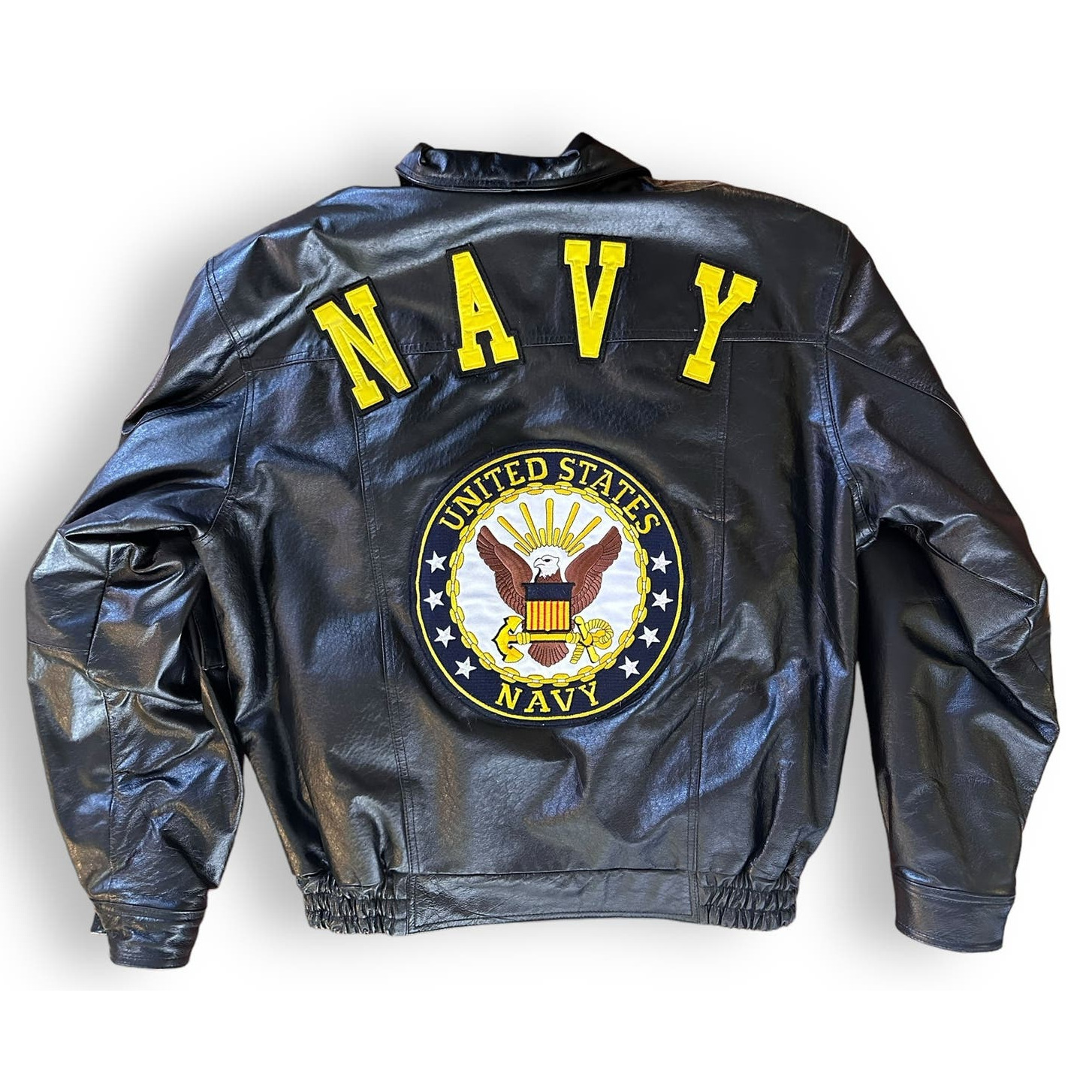 Vintage US Navy Oscar Piel Black Lined Leather Black Bomber Jacket USA L
