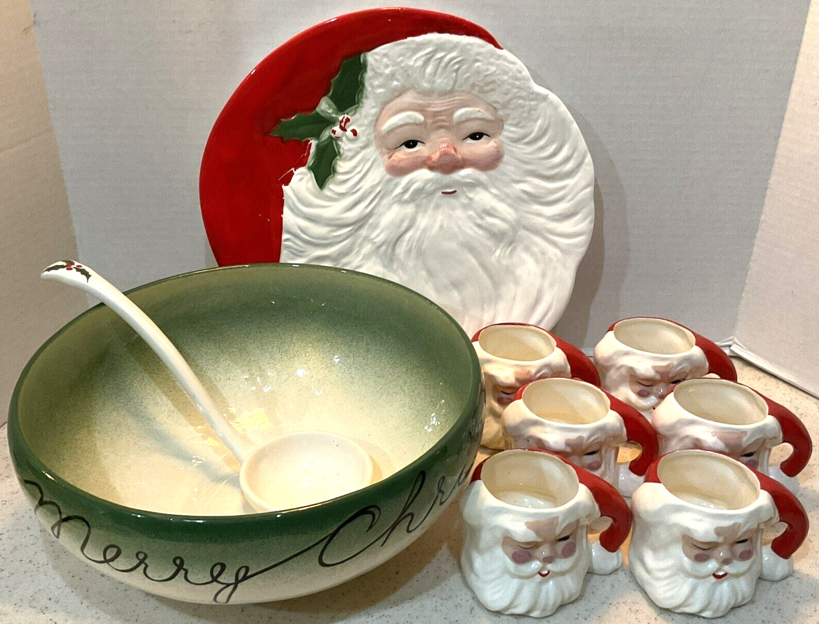 Vintage 1960s Merry Christmas Santa Claus Punch Bowl Ladle 6 Mugs Platter Set