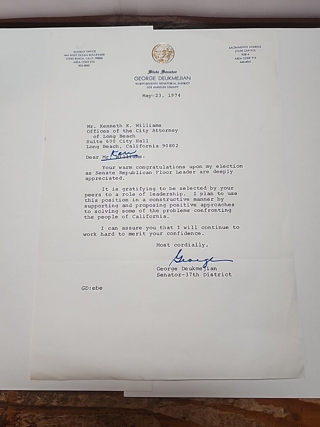 1974 Ca State Senator George Deukmejian Signed letter To Kenneth Williams RRP320
