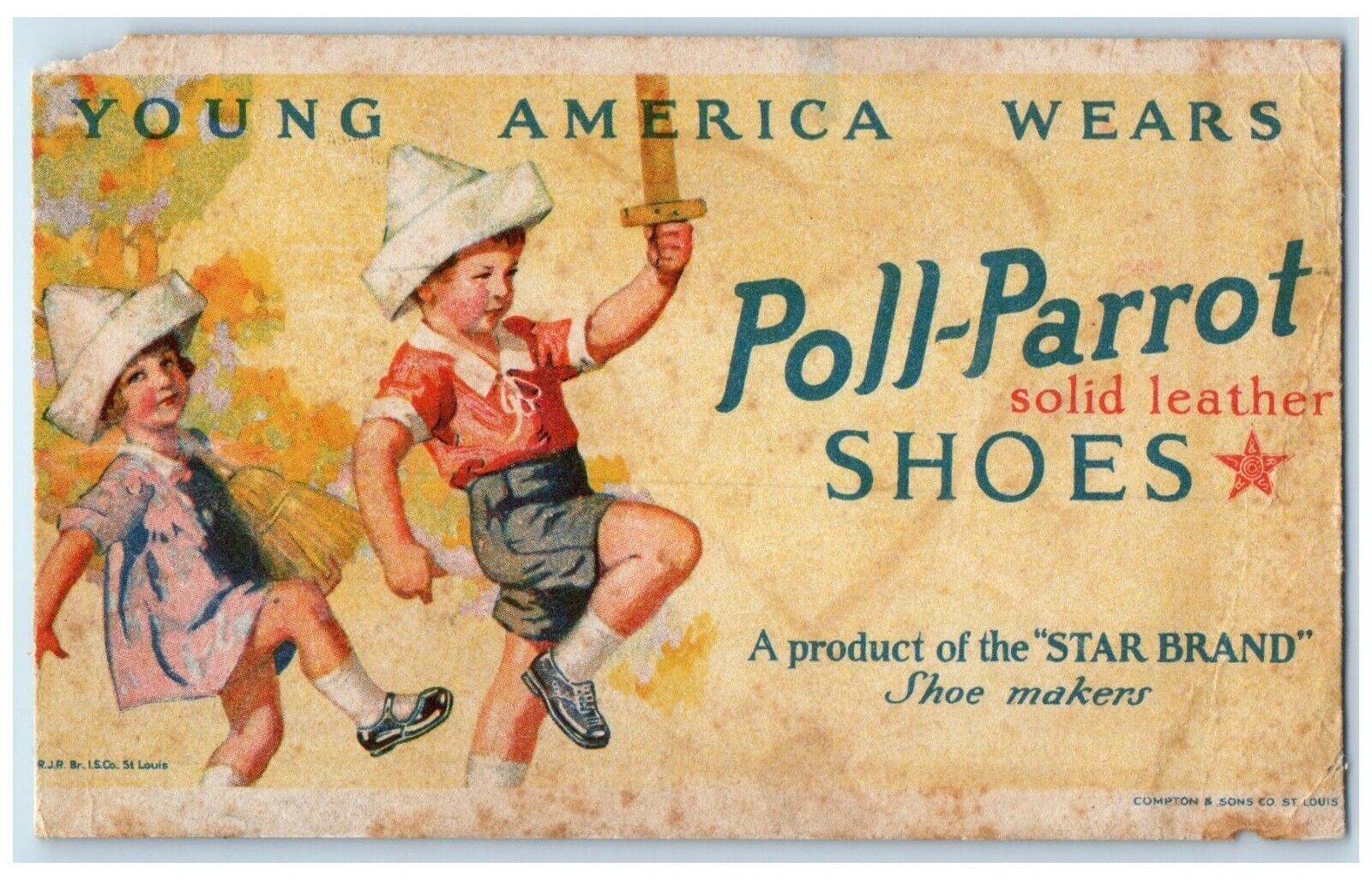 c1905 Young America Wears Poll Parrott Solid Leather Shoes Advertising Postcard