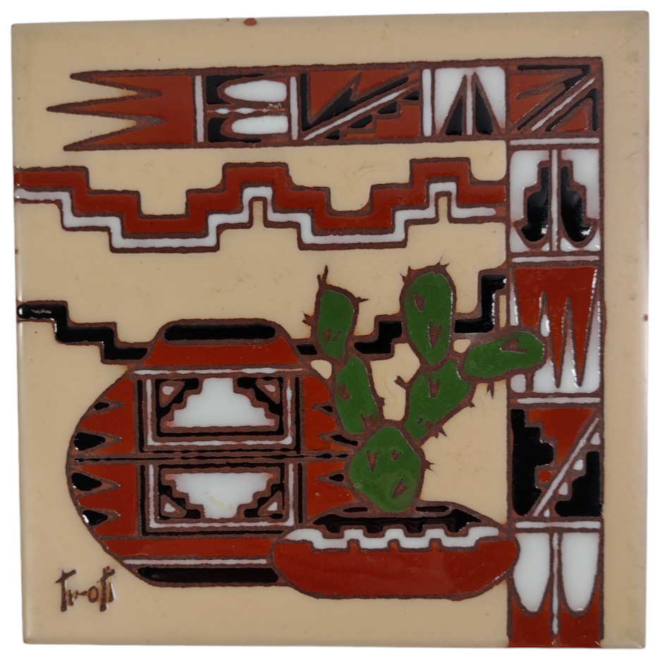 Earthtones Southwestern Pottery & Cactus Art Tile Trivet Signed Tu Oti 1990 Vtg