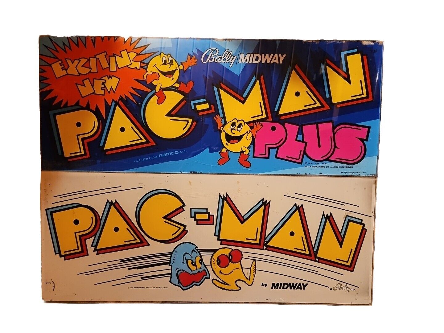 Pac Man and Pac Man Plus original arcade plexi marquees