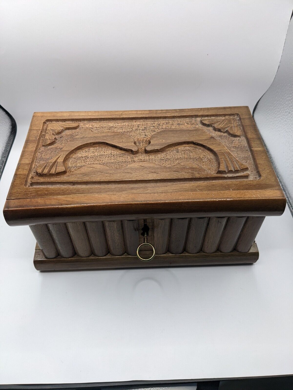 Vintage Handmade Carved Wooden Box With Key lock Dolphin Design 9.5x4.5\