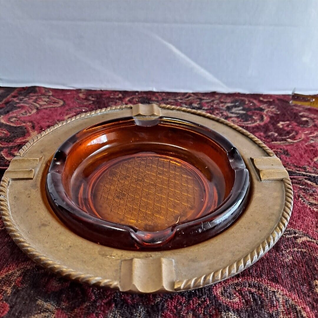 Vintage Mid Century Brass and Amber Glass Ashtray Set Round