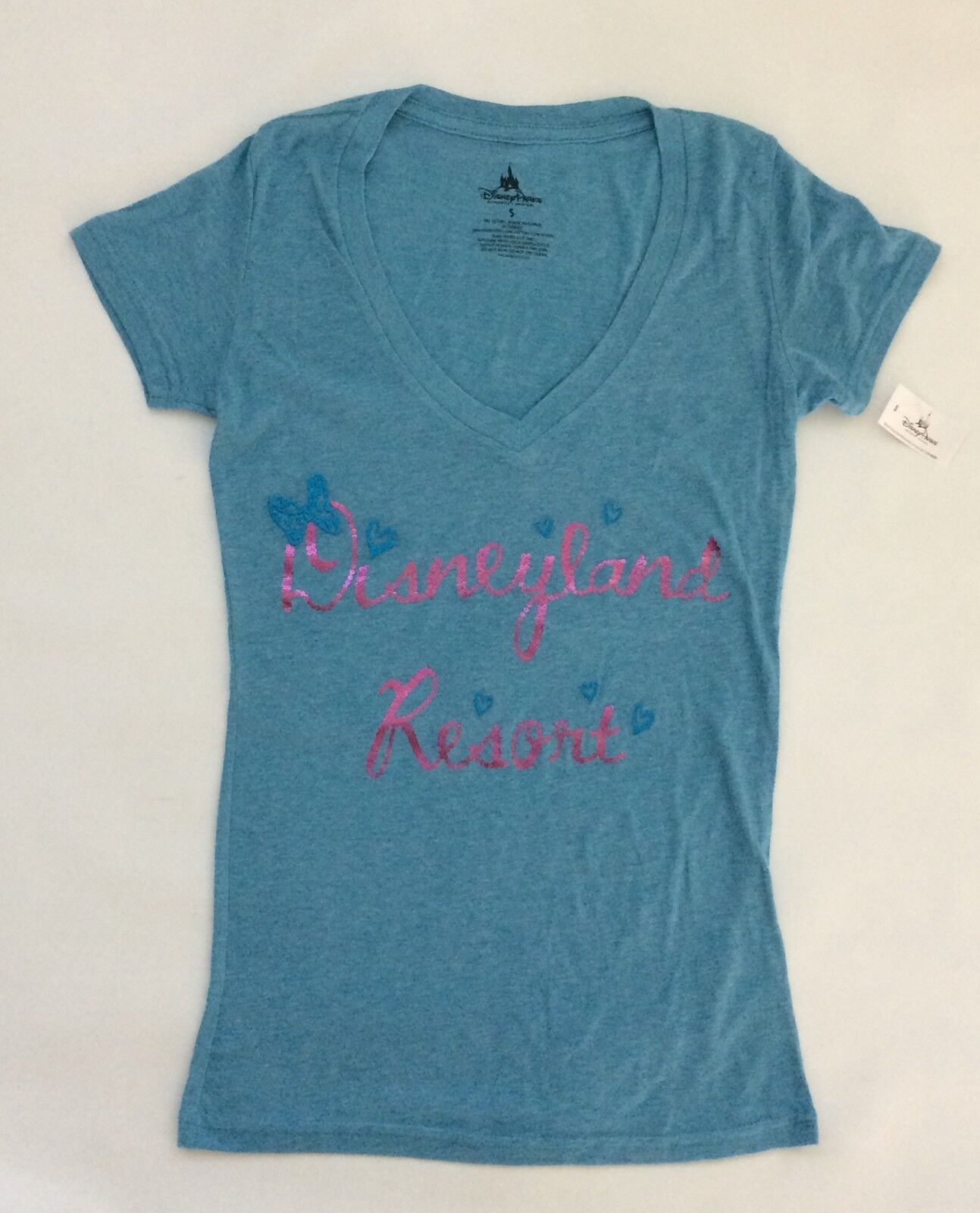 BNWT Disneyland Resort Women\'s V-neck t-shirt Sz XL Blue Minnie Bow new