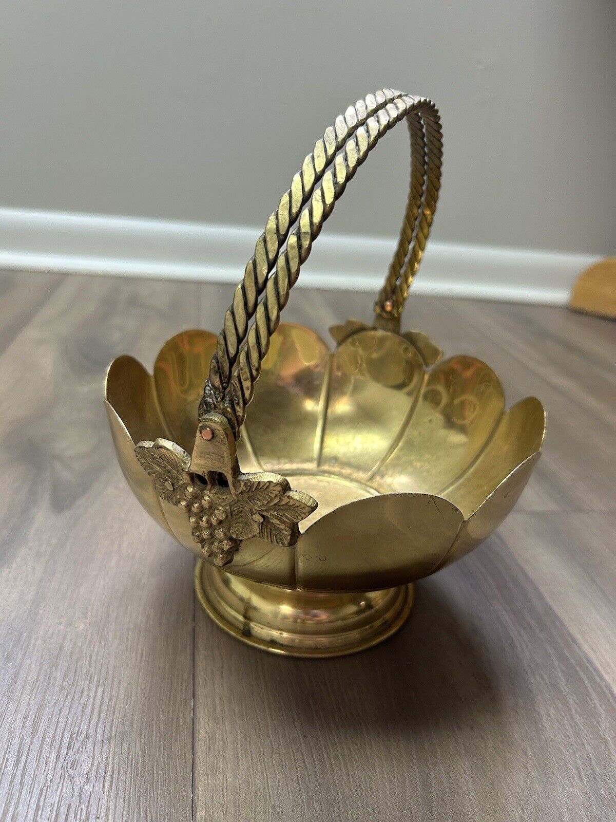 Vintage Brass Decorative Basket with Beaded Handle, Grapes