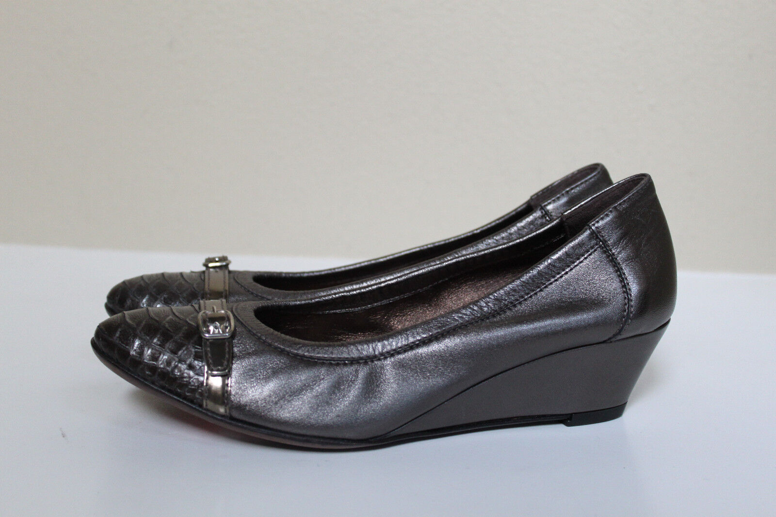 9.5 39.5 AGL Attilio Giusti Leombruni Snakeskin Wedge Pewter Silver Leather Shoe