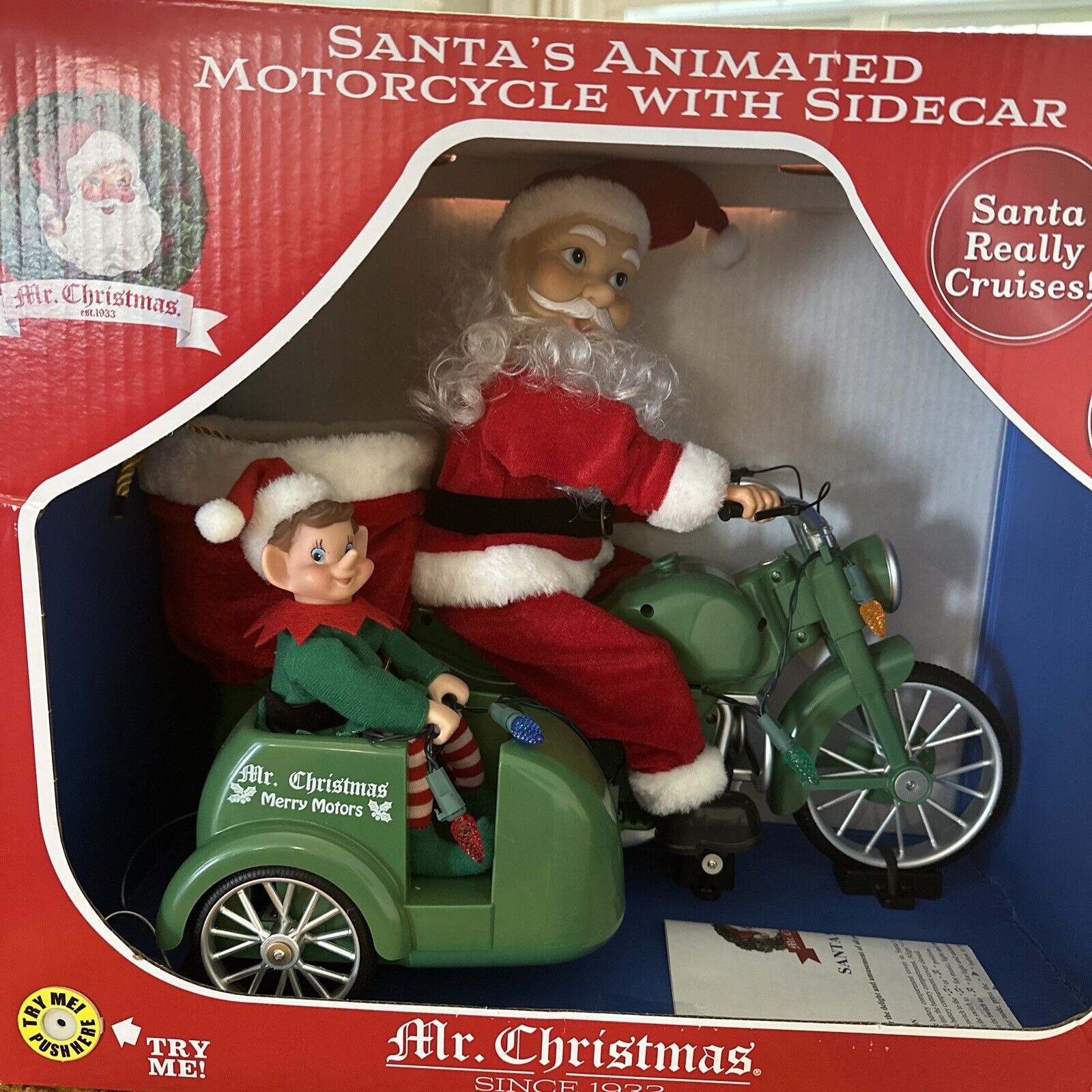 Mr. Christmas Motorcycle with Sidecar Santa & Elf  Music Motion Lights 24 Songs 