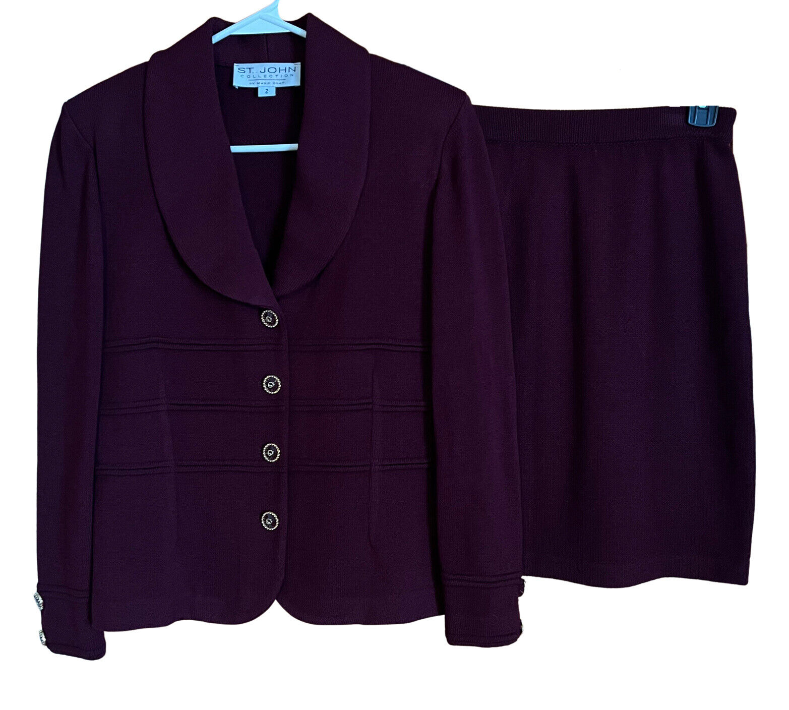 St. John Collection Marie Gray Suit Jacket 2 & Skirt 4 Purple Gold Button Size