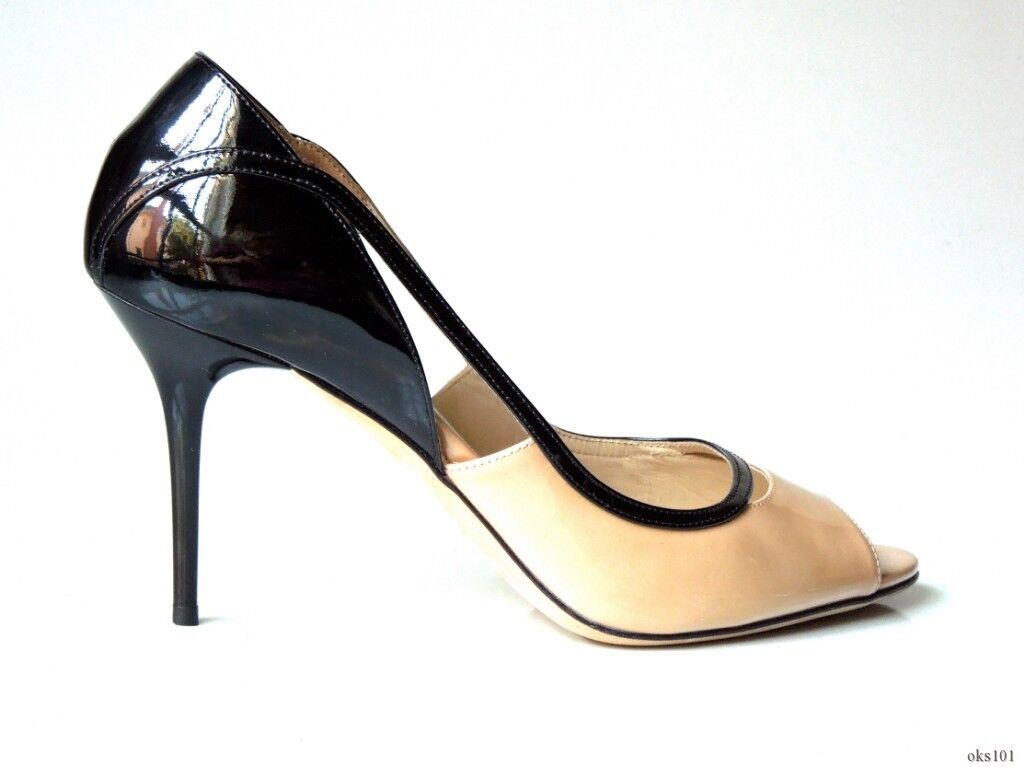 new $695 JIMMY CHOO beige NUDE black open-toe cut-outs shoes 39.5 9.5 - gorgeous