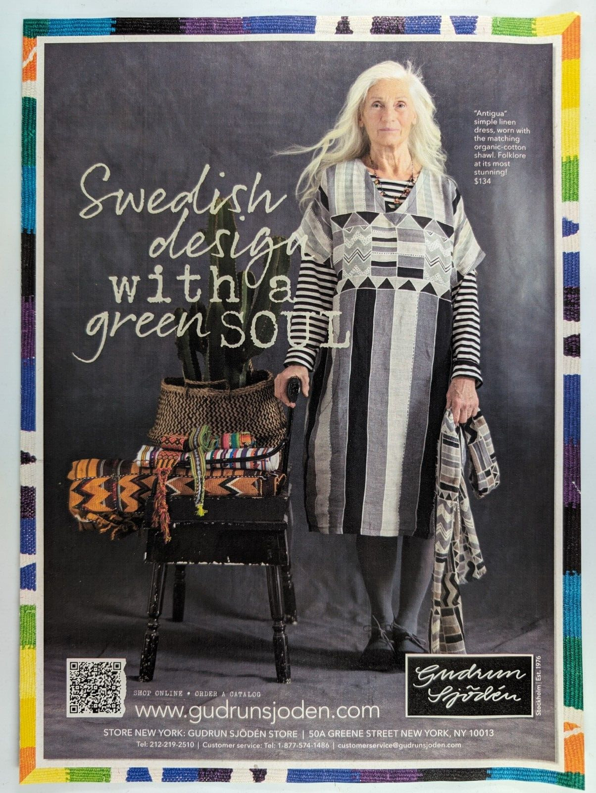 Gudrun Sjoden Women\'s Clothing Linen Dress Shawl 2020 New Yorker Ad 7.5x10.5\