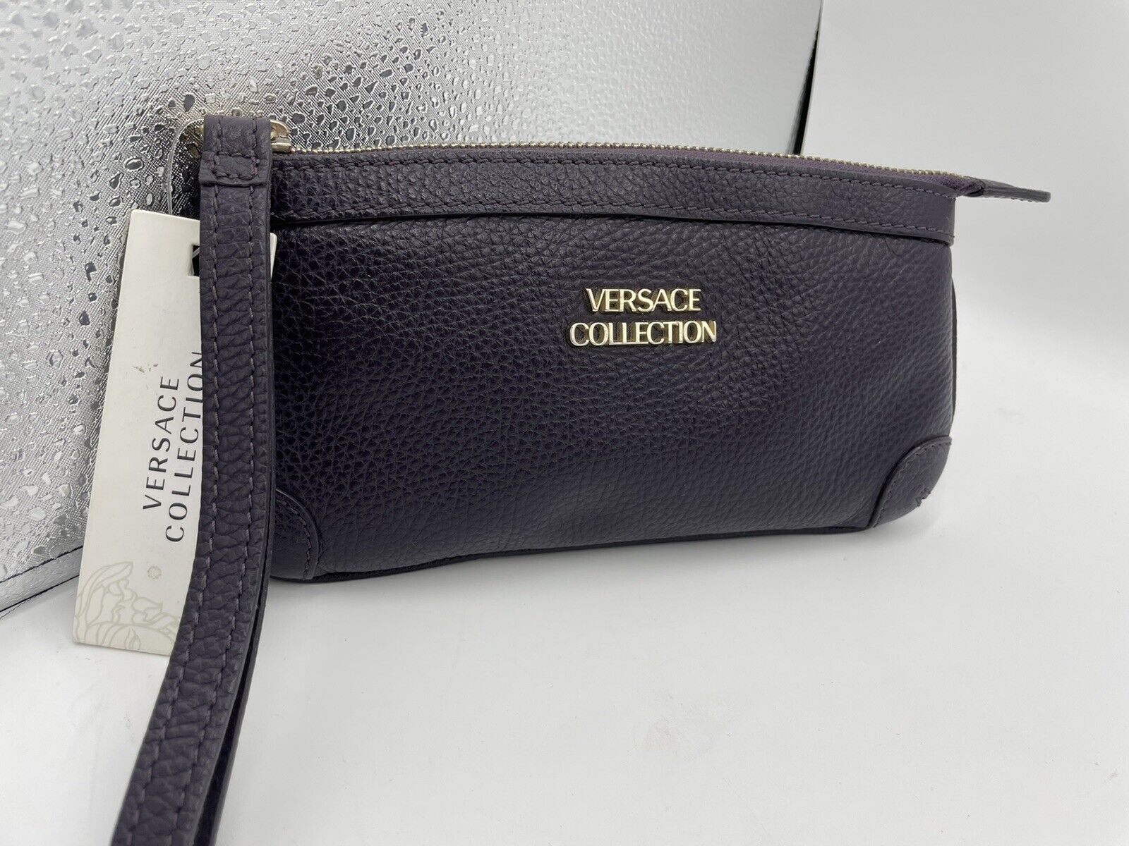 Versace Collection Dark Purple Leather Wristlet Zipper Bag