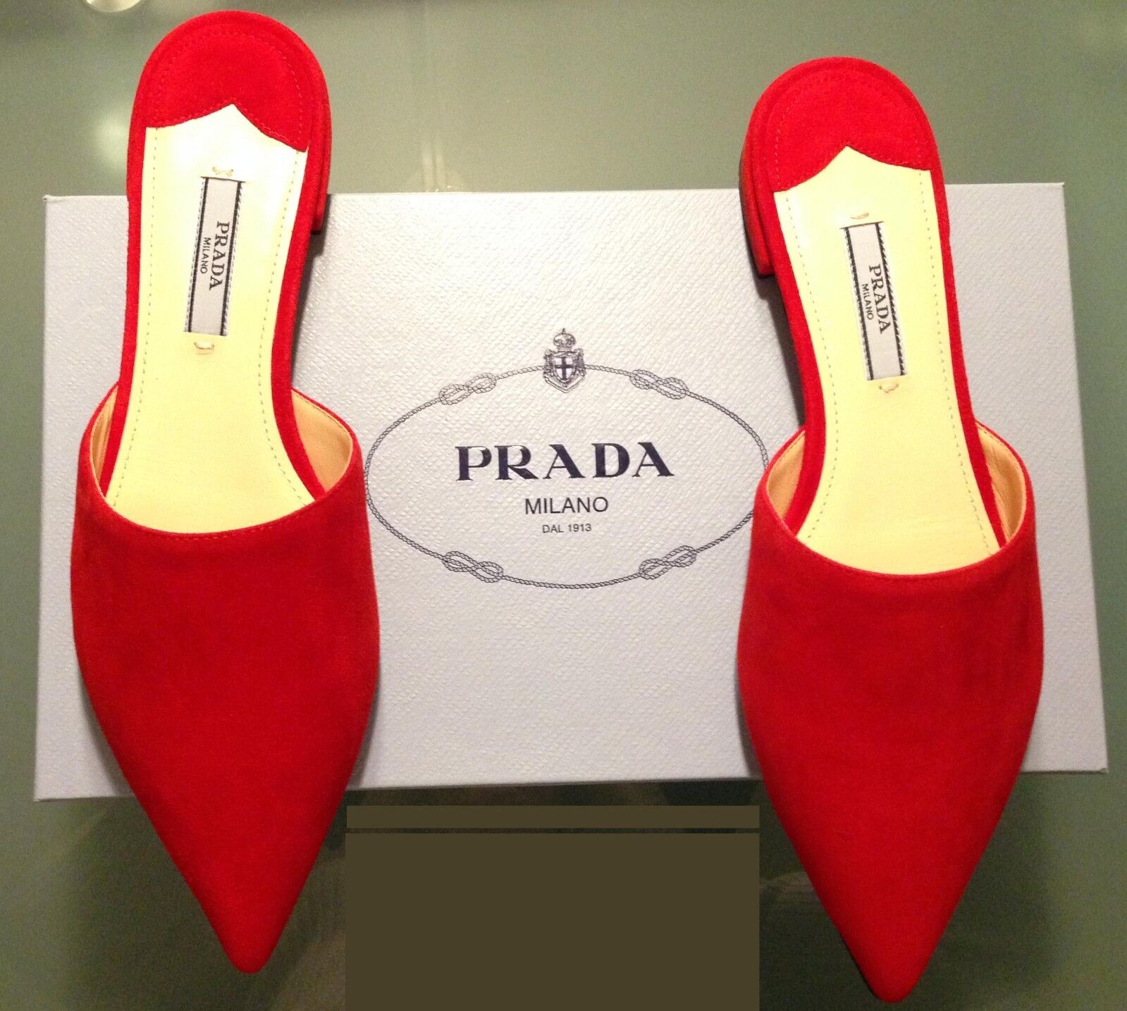 NIB Auth Prada red suede point toe flat slides slippers box bag Size 7 US 37 EU 