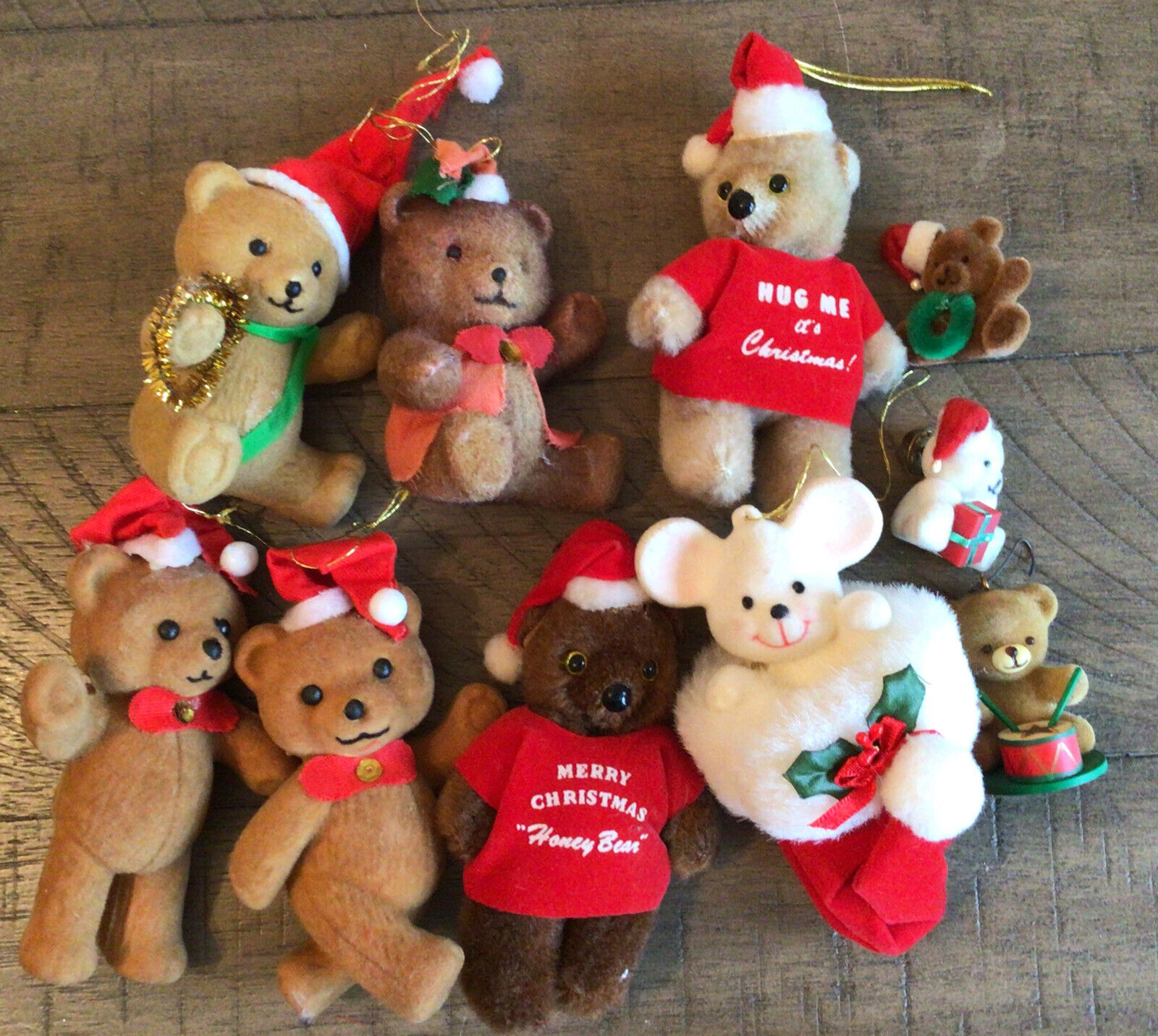 Vtg 80s Christmas Bear Ornaments Flocked Bear Mouse Stuffed Honey Bear & Pins