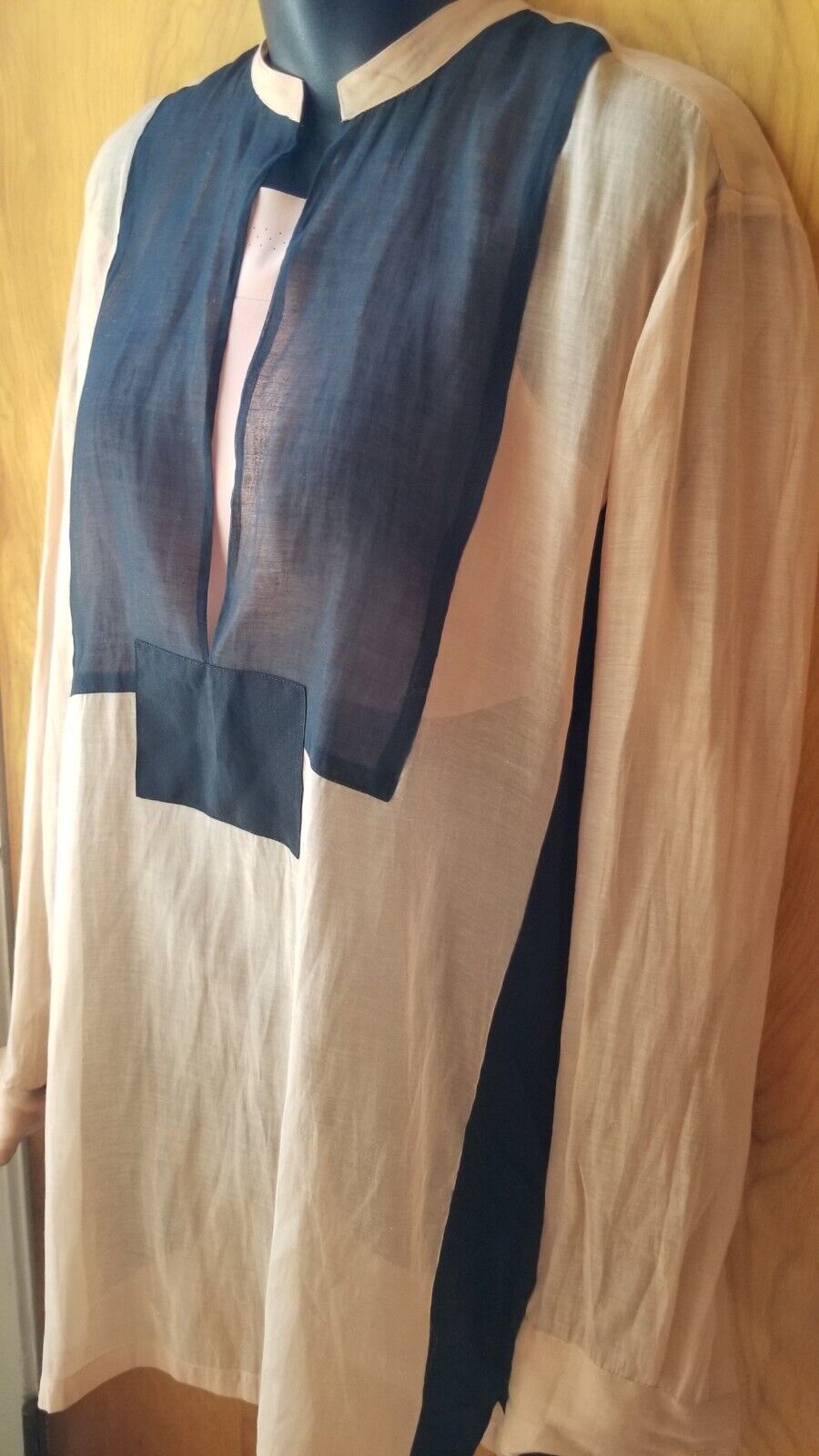 Dries Van Noten Tunic Blouse Cotton Silk Sheer Voile Tan Black Colorblock 42/12