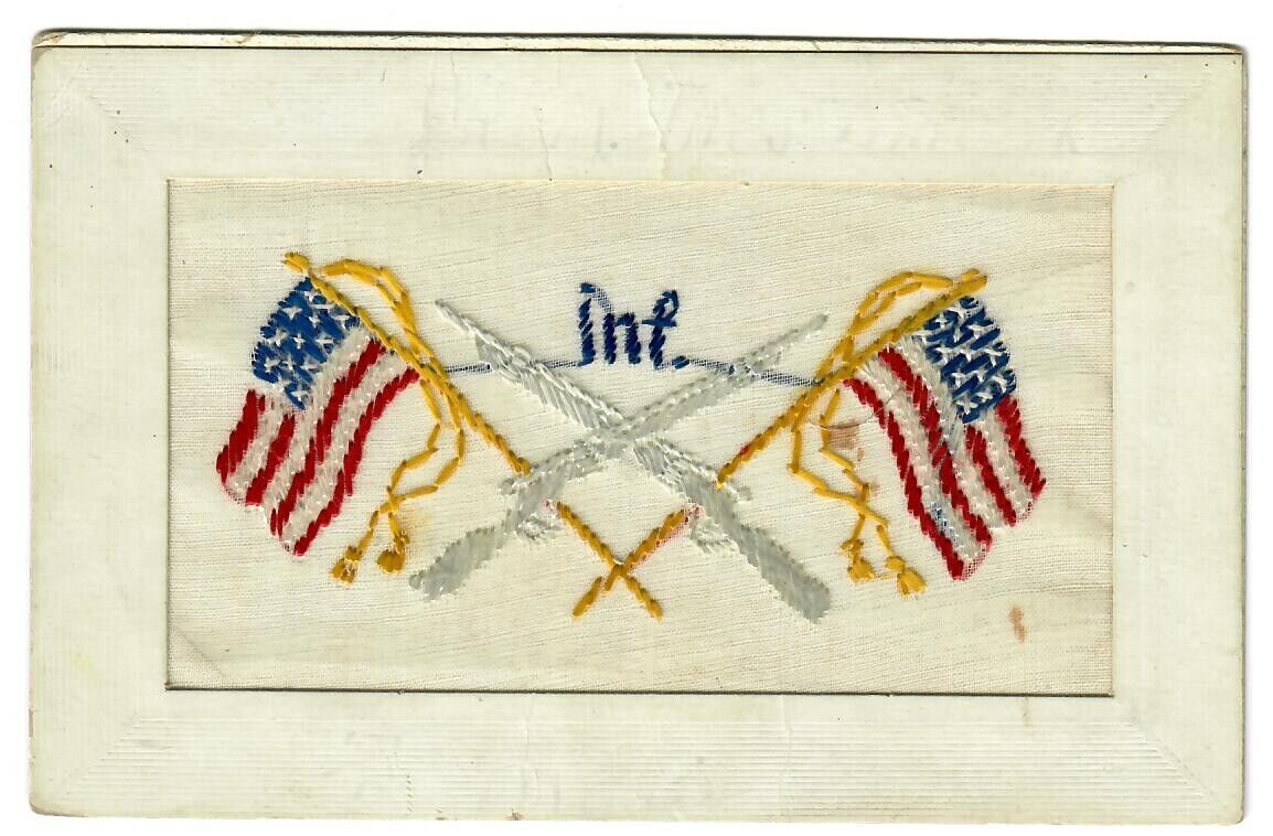 WWI Silk Postcard US Infantry AEF US Flag Embroidered Rare Postcard