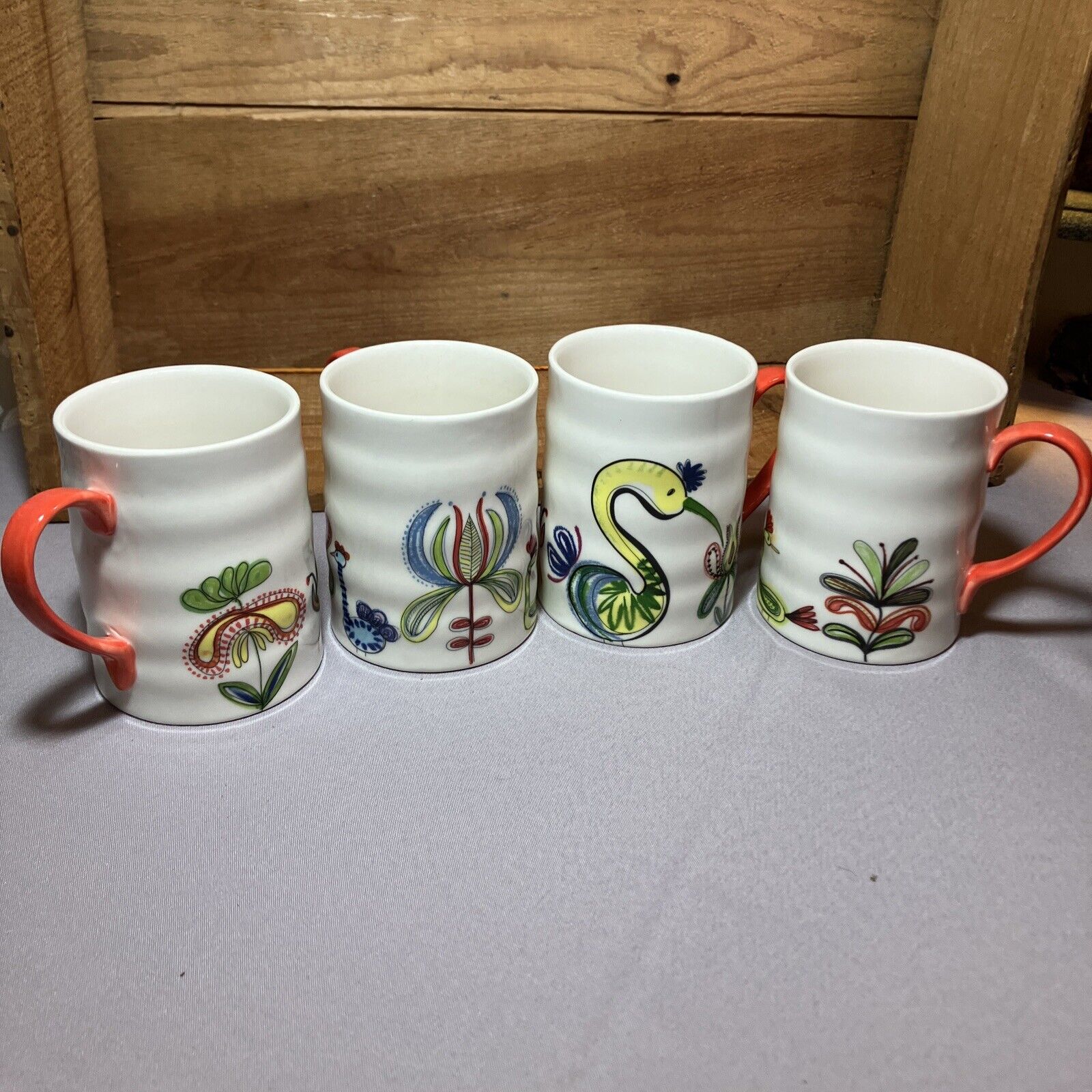 Set 4 Anthropologie Biscuit Ceramic Coffee Tea Mug Birds and Flowers 12 oz