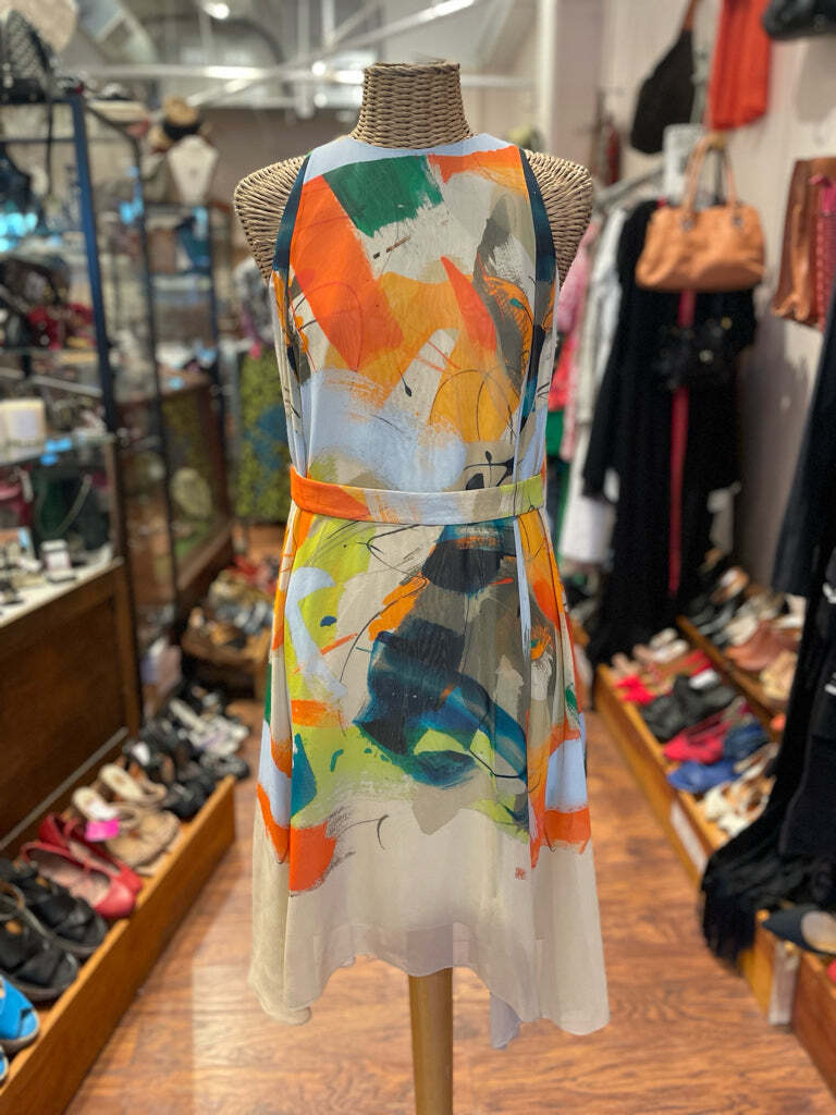 AKRIS Orange & Green Silk Abstract Print NWT Sleeveless Dress, Size 8