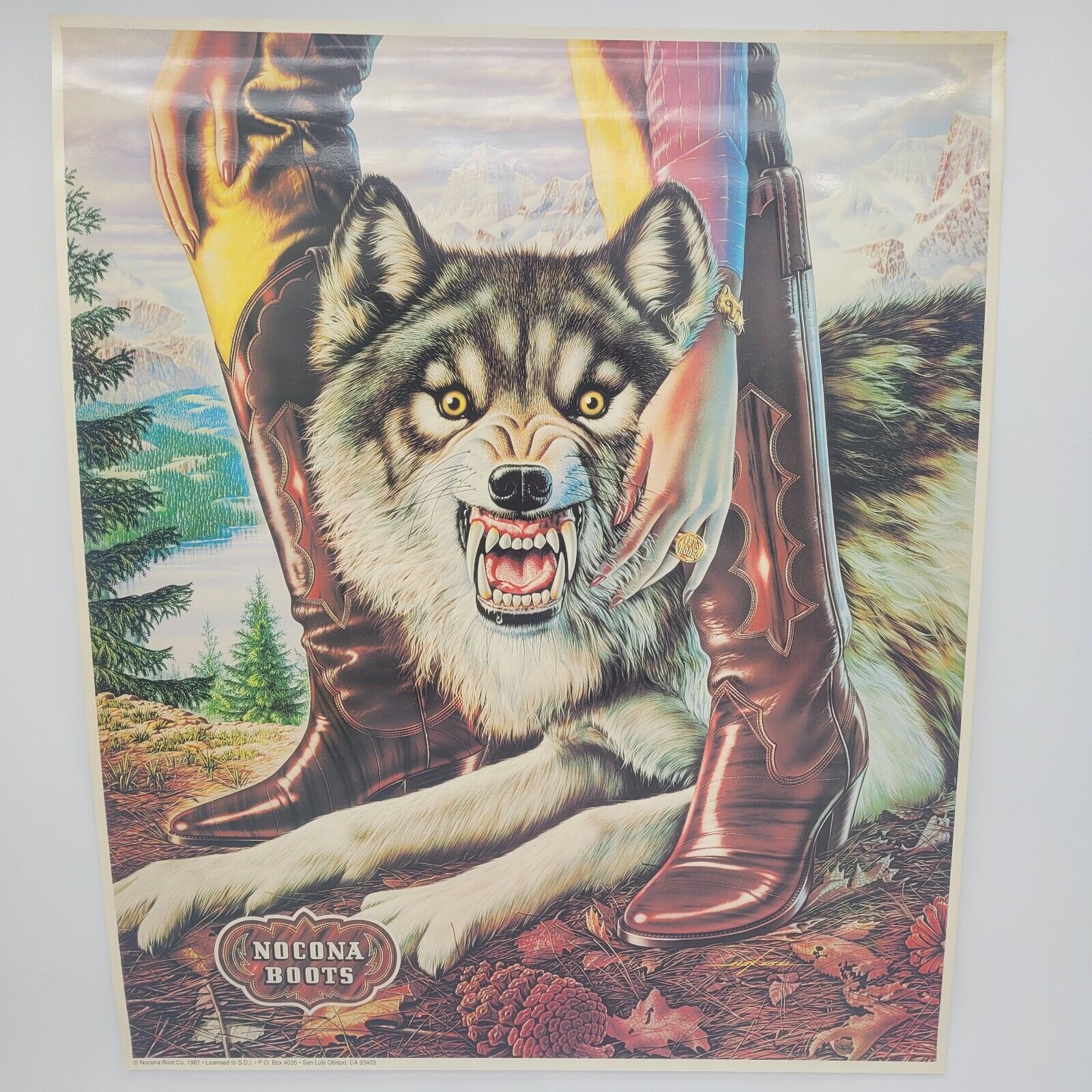 Vintage 1981 Nocona Boot Co Advertising Poster Wolf Western Wear Cowboy 23x19