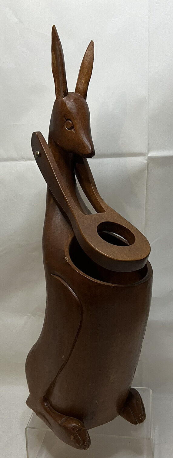Vintage Mid Century Modern Hand Carved Wood Kangaroo Wine Bottle Holder Caddy