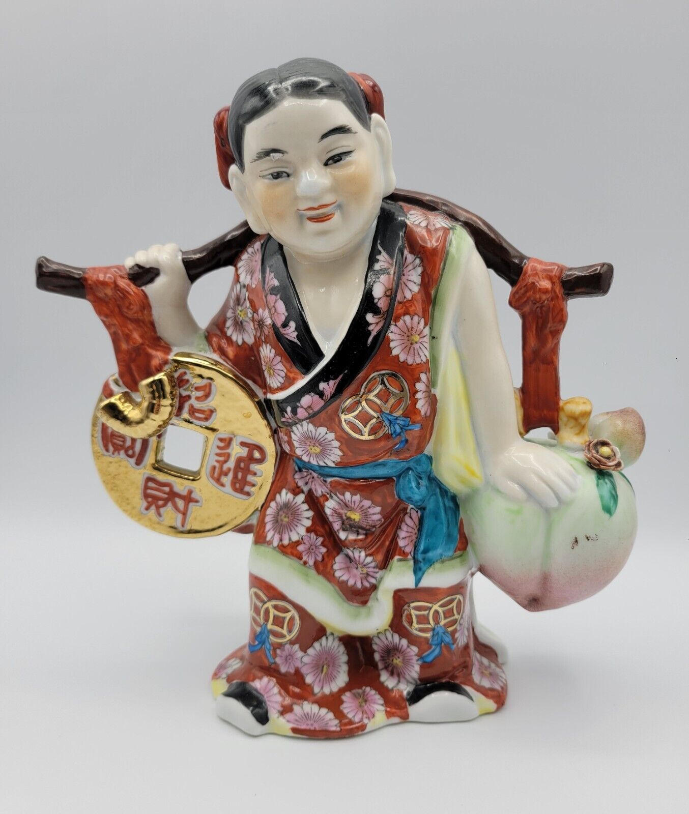 Vintage Chinese Girl Carrying Fruit & Coin on Carrying Pole Porcelain Figurine