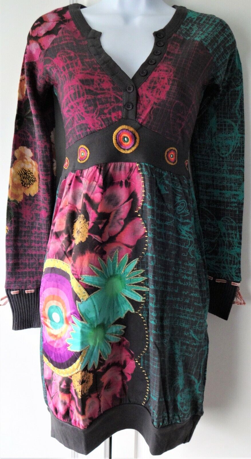 New Desigual Ladies Dress, PEACOCK, Button V Neck, Size XS, Multi, Full Sleeves