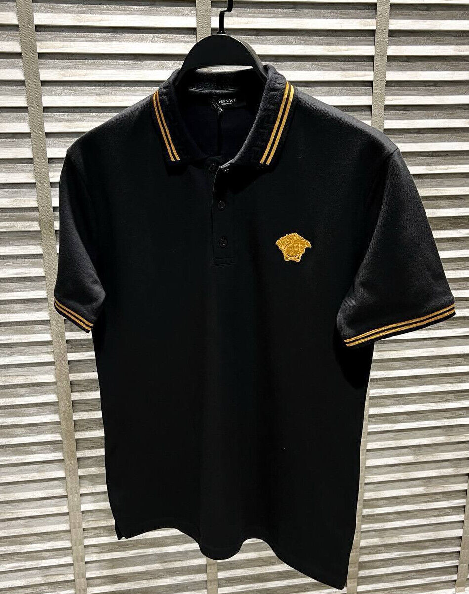 Men's Versace Polo T Shirt Embroidered Gold Logo - Short Sleeve - Black / Cream