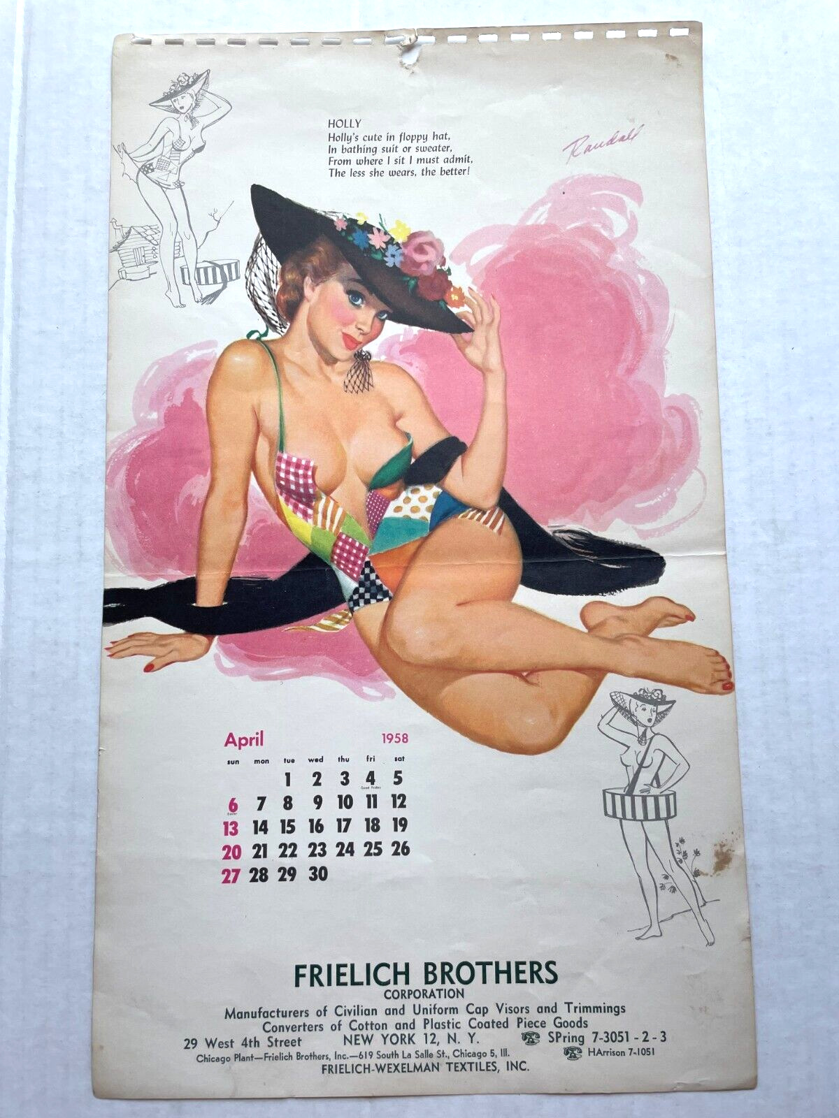April 1958 Pinup Girl Calendar Page w/ Holly in Floppy Hat by Randall